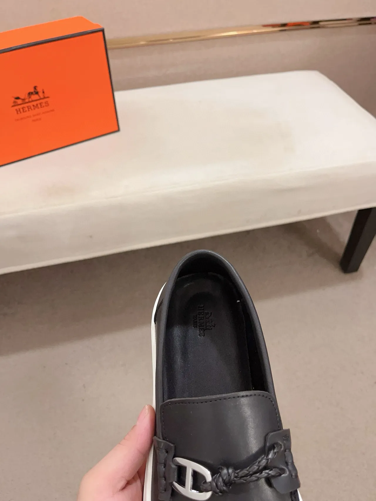 Hermès Oran Black White Leather Rubber Sole Loafer 4