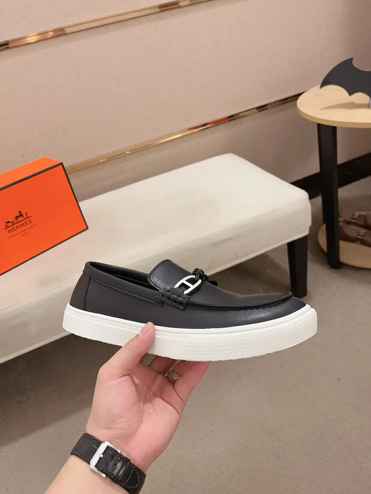 Hermès Oran Black White Leather Rubber Sole Loafer 5
