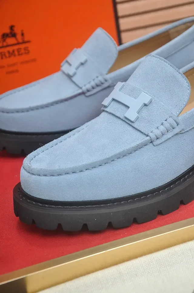Hermès Oran Blue Black Suede Upper H-Buckle Hardware Loafer 2