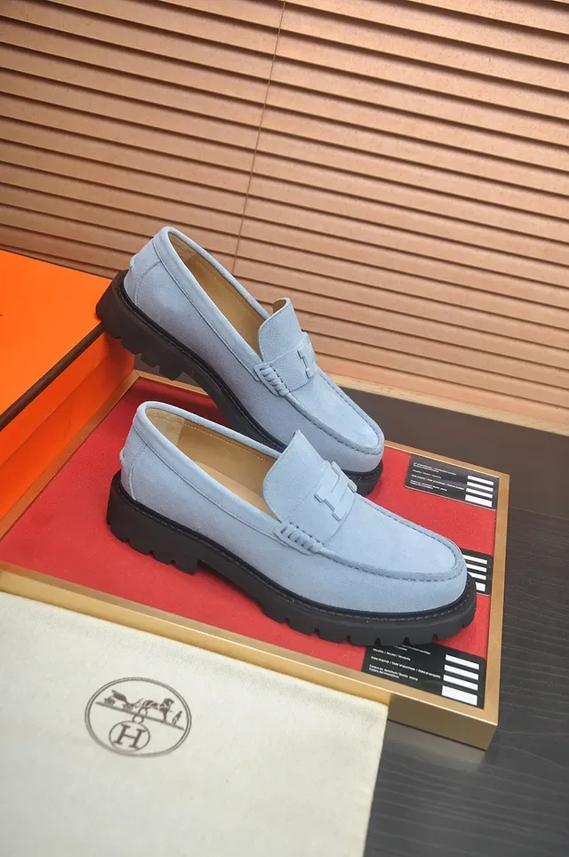 Hermès Oran Blue Black Suede Upper H-Buckle Hardware Loafer 4