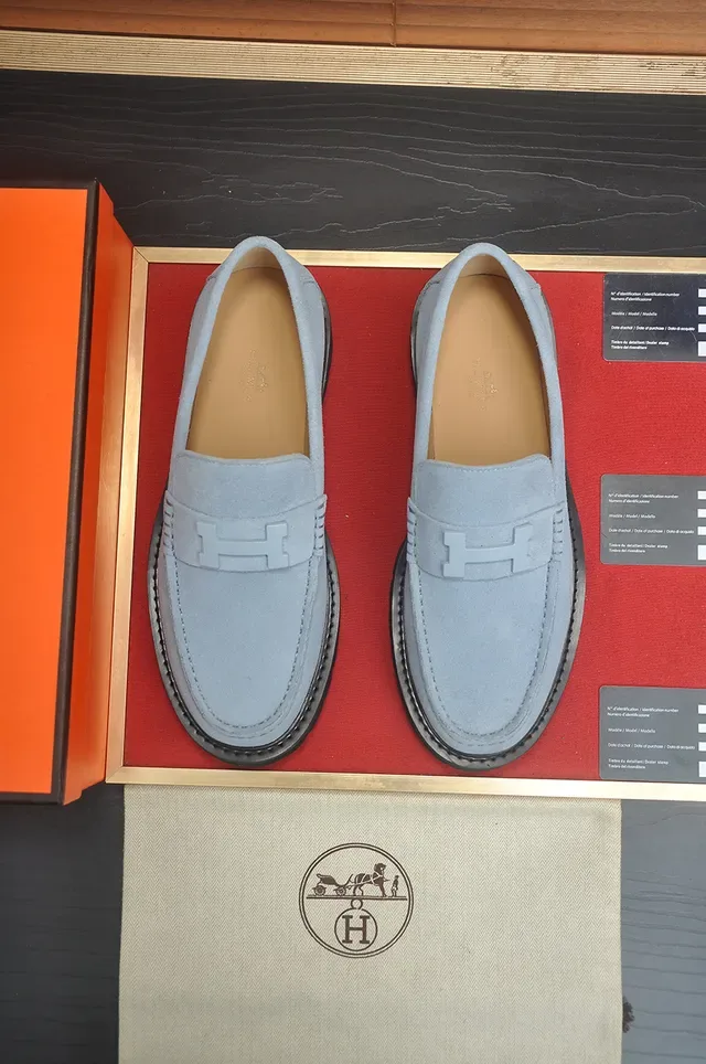Hermès Oran Blue Black Suede Upper H-Buckle Hardware Loafer 5