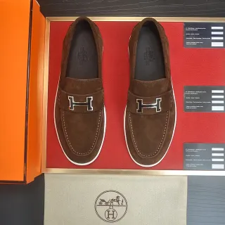 Hermès Oran Brown Suede H-Buckle Loafers