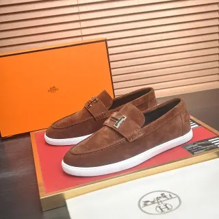 Hermès Oran Marrom Branco Camurça H-Buckle Strap Mocassim