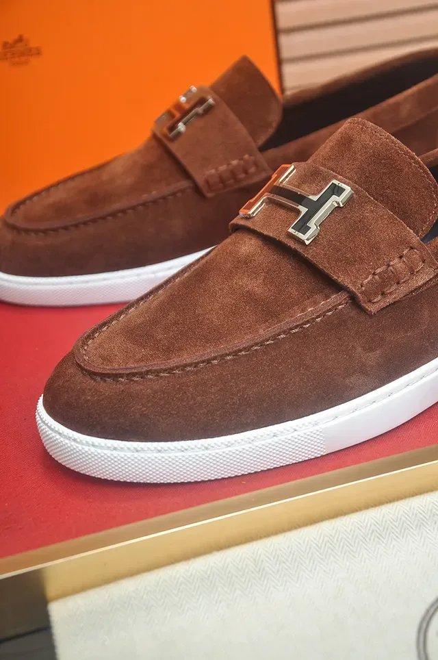 Hermès Oran Brown White Suede Upper H-Buckle Strap Loafer 2