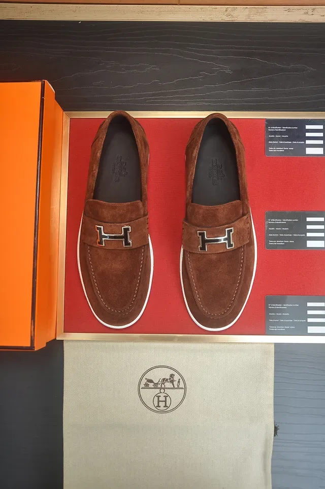 Hermès Oran Brown White Suede Upper H-Buckle Strap Loafer 4