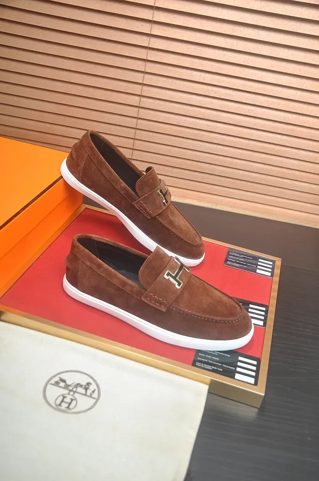 Hermès Oran Brown White Suede Upper H-Buckle Strap Loafer 5
