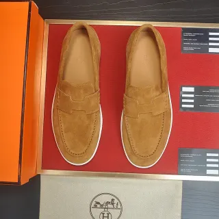Hermès Oran Brown White Suede Upper H-Shaped Strap Loafer