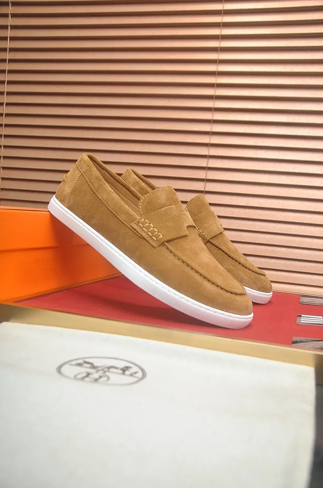 Hermès Oran Daim Brun Blanc Haut Courroie en Forme de H Mocassins 2