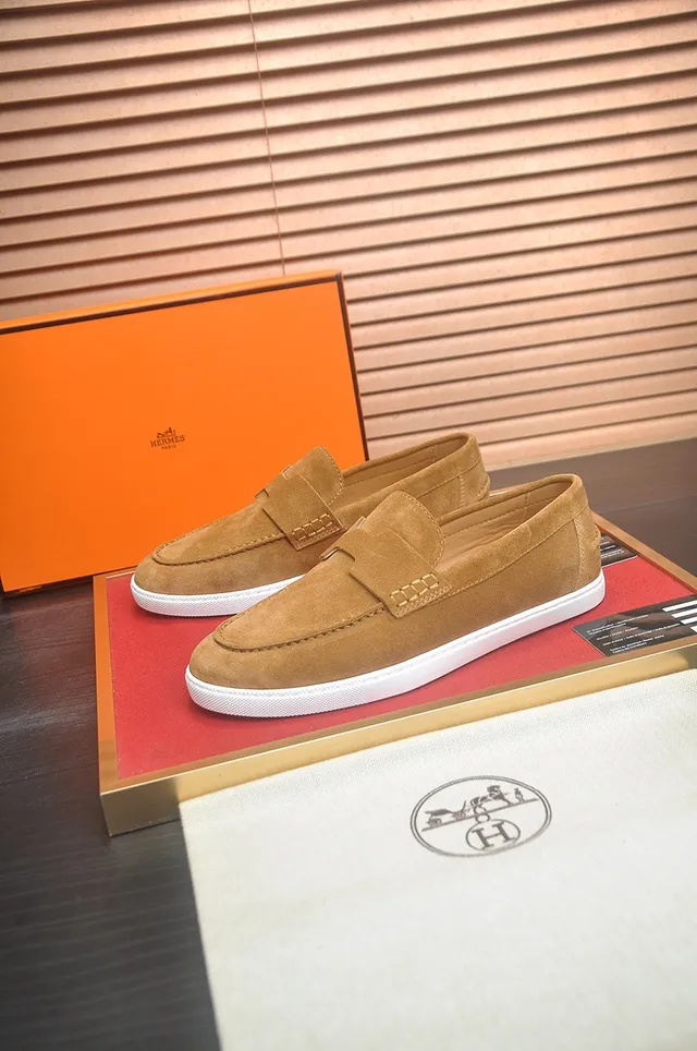 Hermès Oran Daim Brun Blanc Haut Courroie en Forme de H Mocassins 3