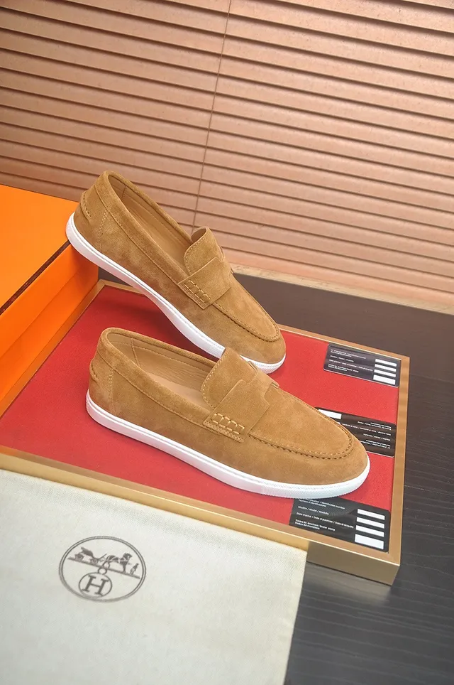 Hermès Oran Daim Brun Blanc Haut Courroie en Forme de H Mocassins 6