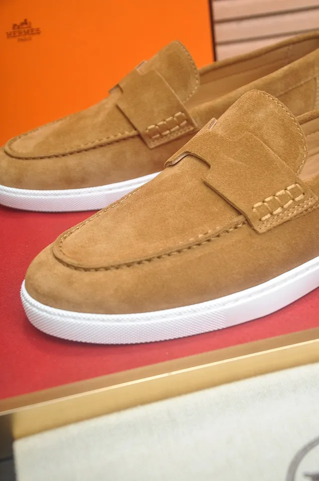 Hermès Oran Daim Brun Blanc Haut Courroie en Forme de H Mocassins 8