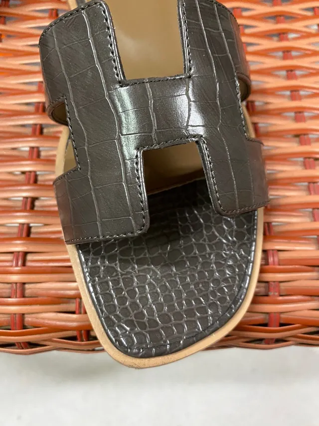 Hermès Oran H-Strap Croc-Embossed Brown Slippers 4