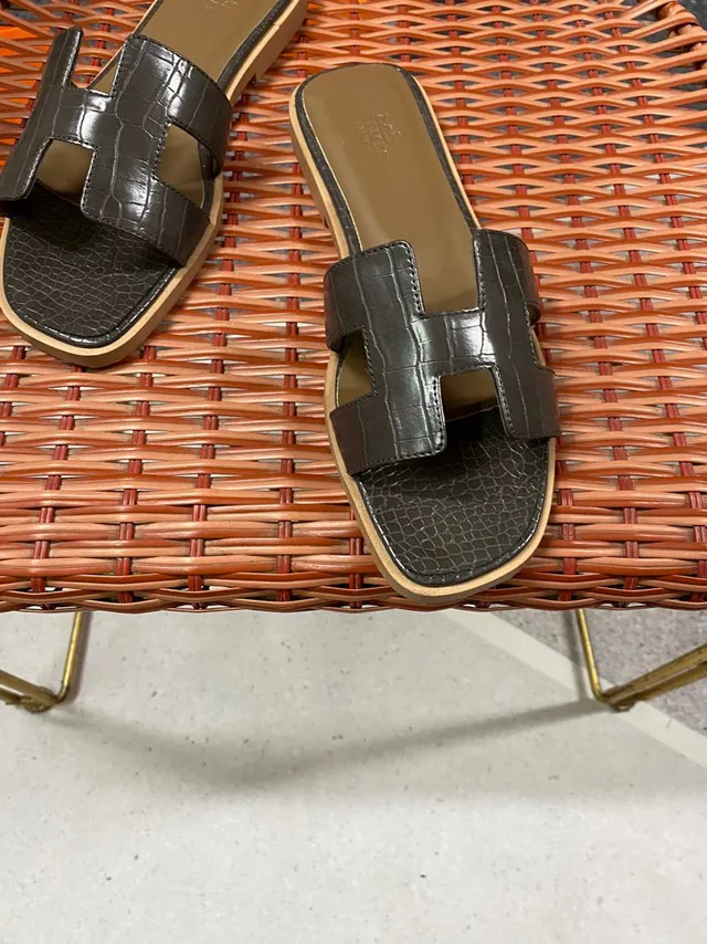 Hermès Oran H-Strap Croc-Embossed Brown Slippers 6