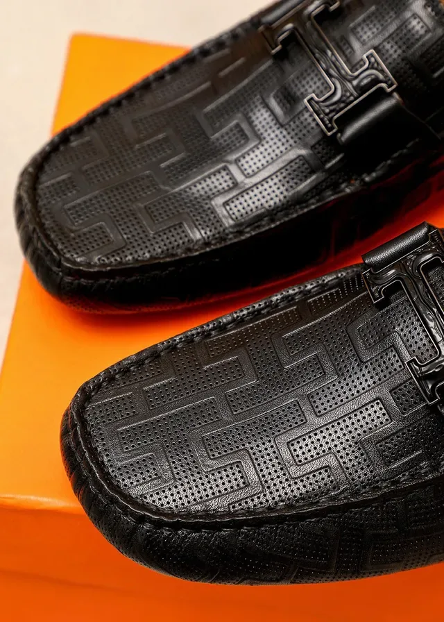 Hermès Oran Loafer Black Embossed Geometric Pattern Leather Loafer 5