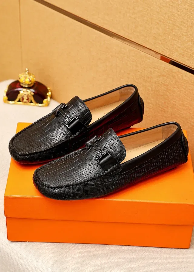Hermès Oran Loafer Black Embossed Geometric Pattern Leather Loafer 8