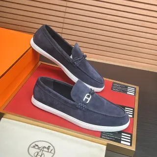 Hermès Oran Loafers Navy Suede Solado Branco