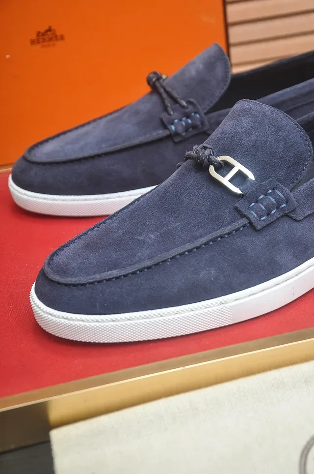 Hermès Oran Loafers Navy Suede Solado Branco 2