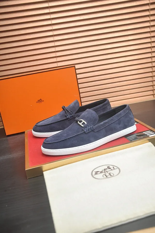 Hermès Oran Loafers Navy Suede Solado Branco 4