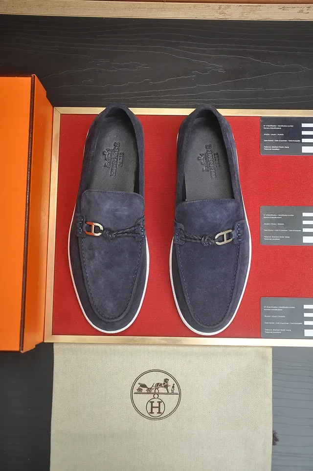 Hermès Oran Loafers Navy Suede Solado Branco 5