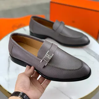 Hermès Oran Loafer Taupe Pebbled Leather H-Buckle Loafer