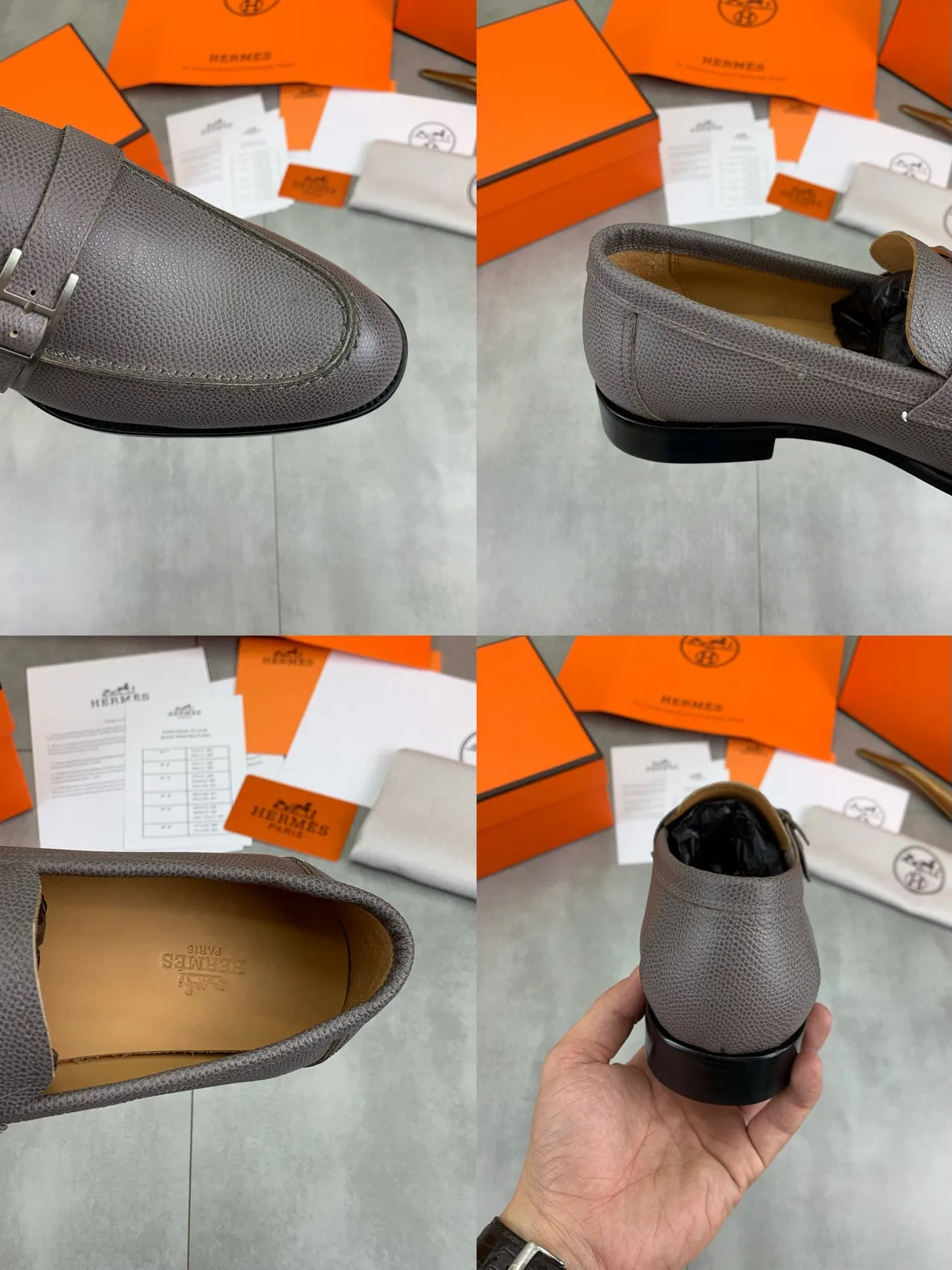 Hermès Oran loafers taupe couro com textura pebble H-Buckle loafers 3