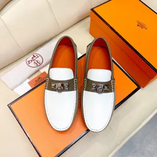 Hermès Oran Loafer White and Olive Green Leather Loafers