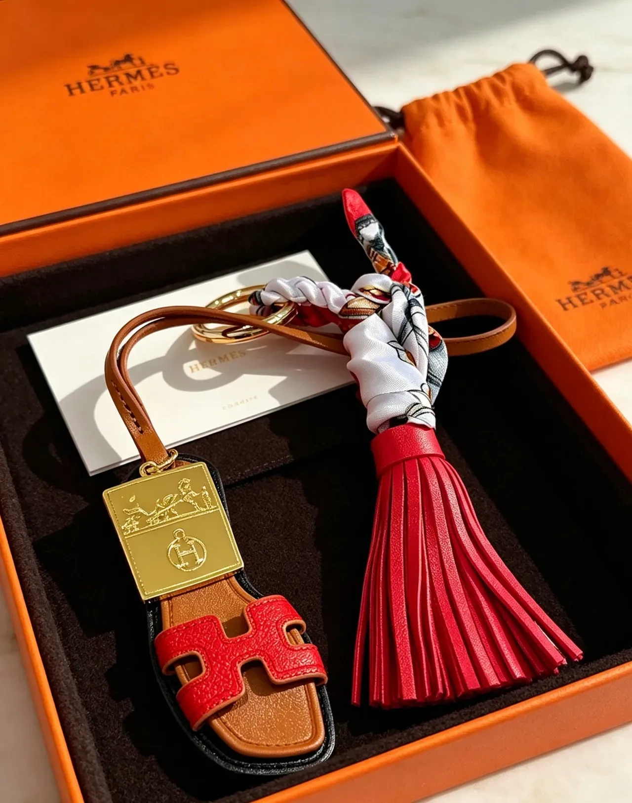 Hermès Oran Red Brown H-Shaped Leather Motif Silk Scarf Knot Handbag 7