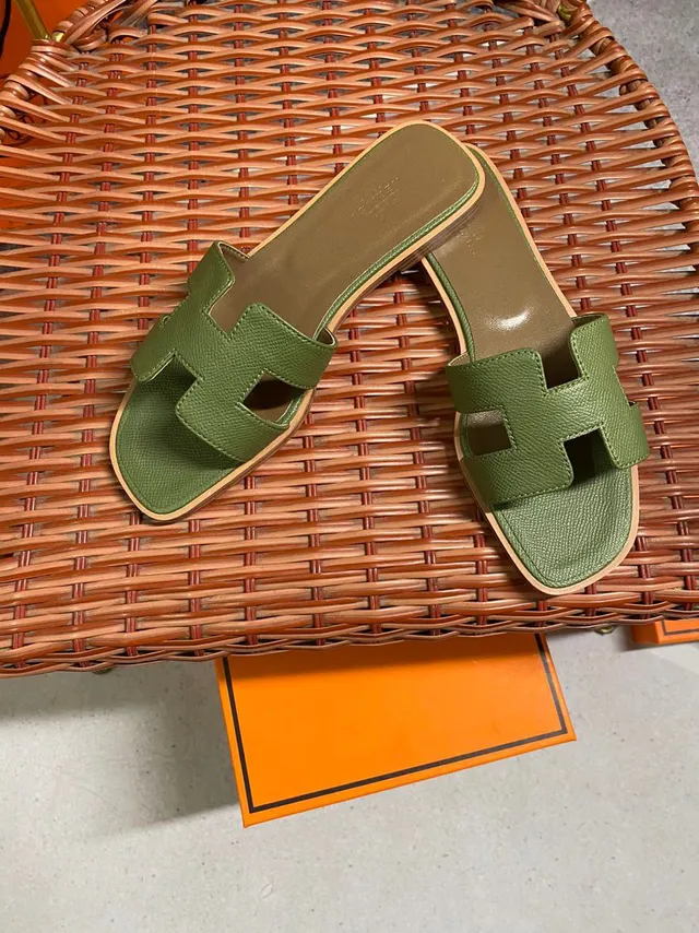 Hermès Oran Slide Olive Green Textured Leather Slippers 3