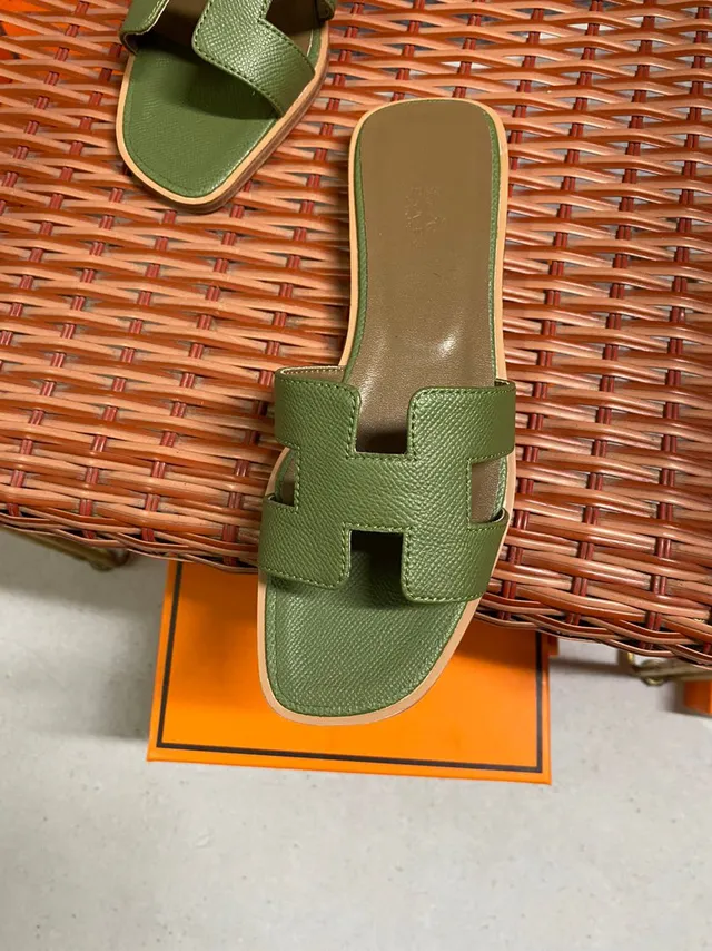 Hermès Oran Slide Olive Green Textured Leather Slippers 4