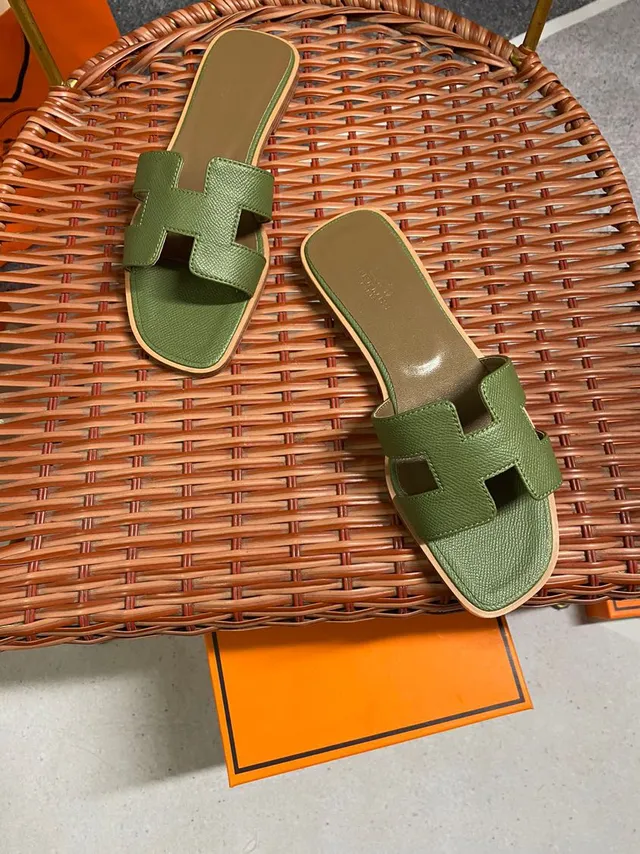 Hermès Oran Slide Olive Green Textured Leather Slippers 5