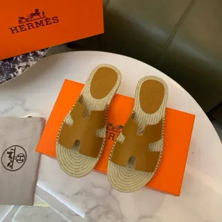 Hermès Oran Tan Leather H-Strap Espadrille Slippers