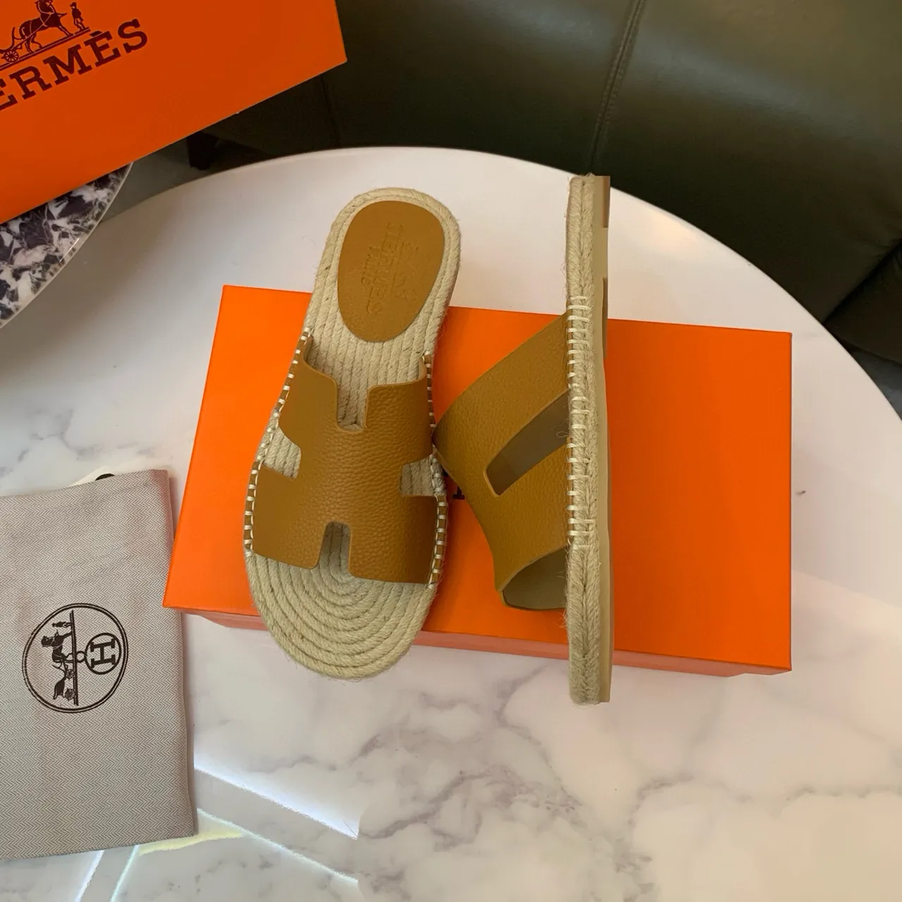 Hermès Oran Tan Leather H-Strap Espadrille Slippers 2