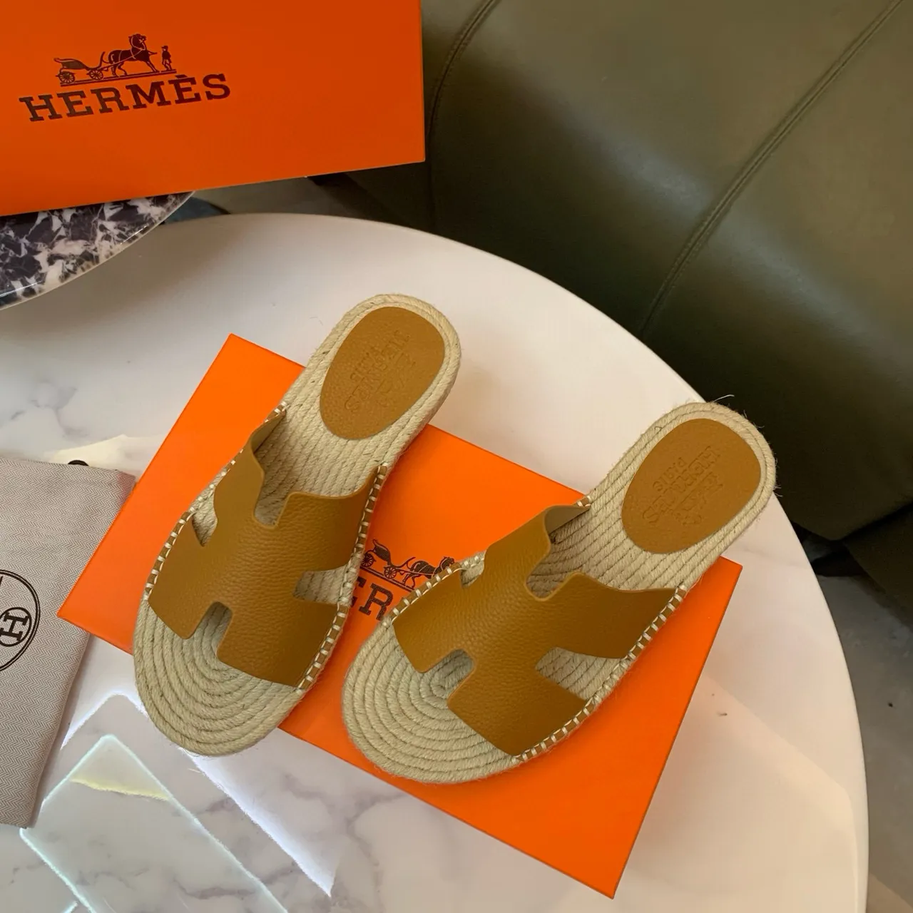Hermès Oran Tan Leather H-Strap Espadrille Slippers 3