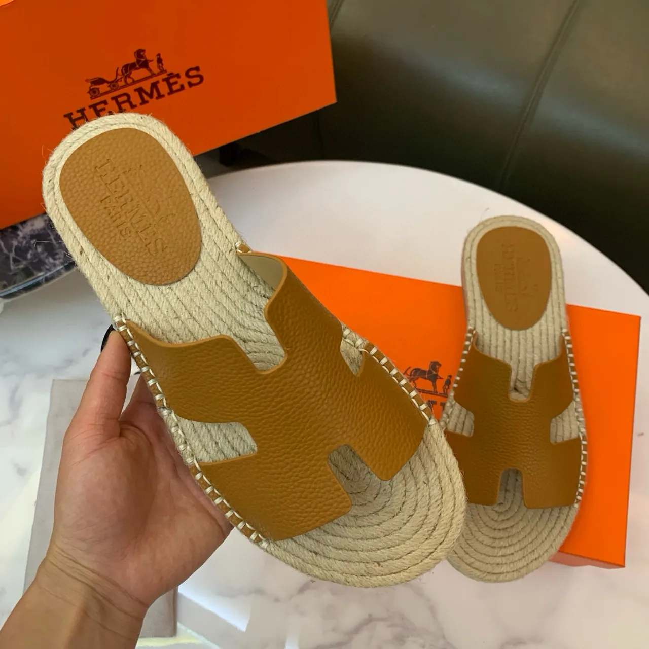 Hermès Oran Tan Leather H-Strap Espadrille Slippers 4