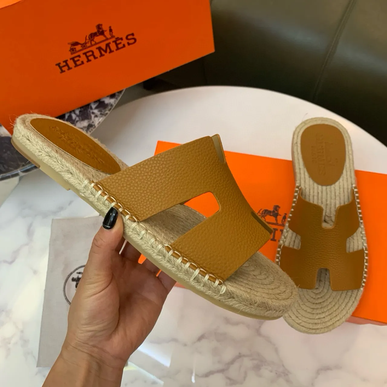 Hermès Oran Tan Leather H-Strap Espadrille Slippers 5