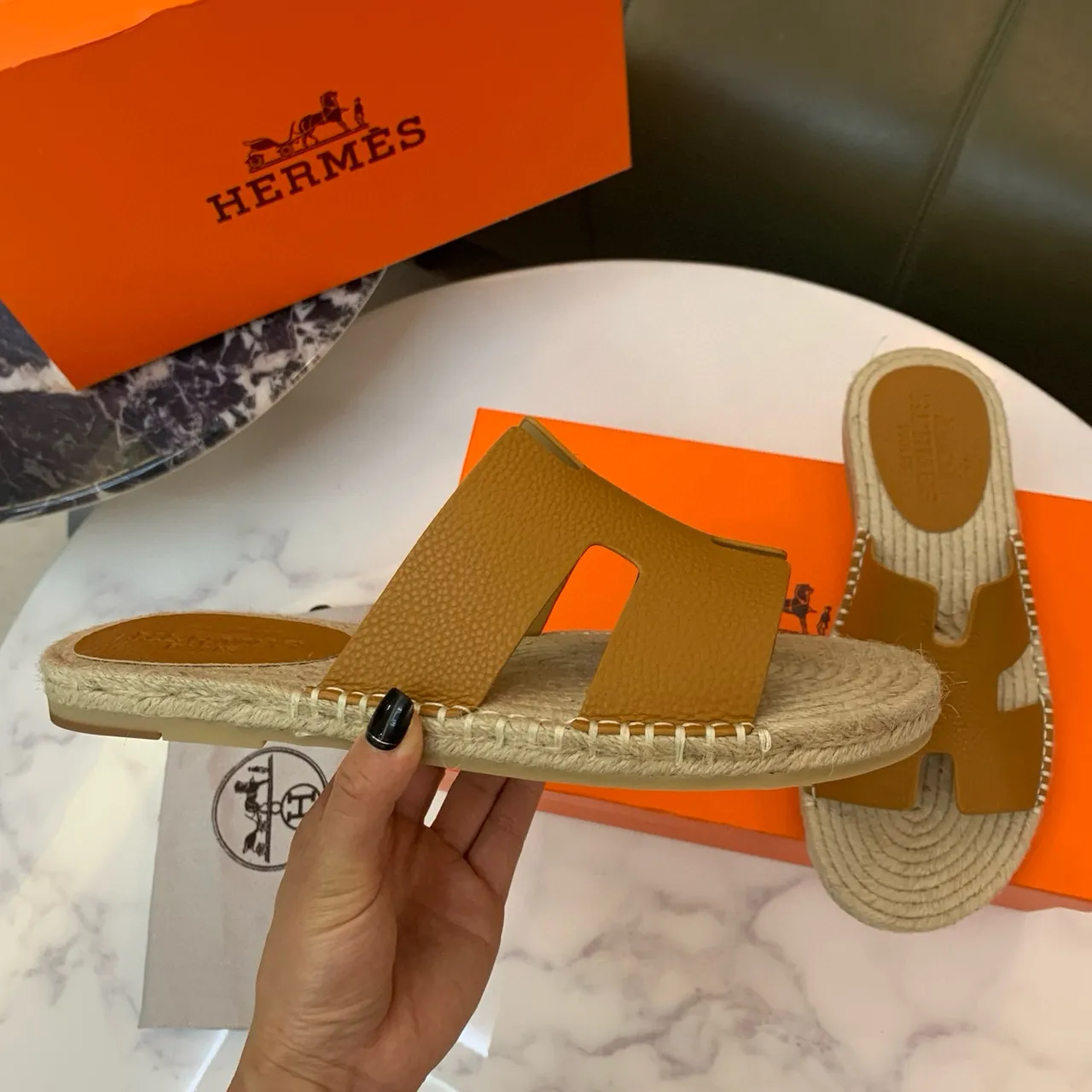 Hermès Oran Tan Leather H-Strap Espadrille Slippers 6