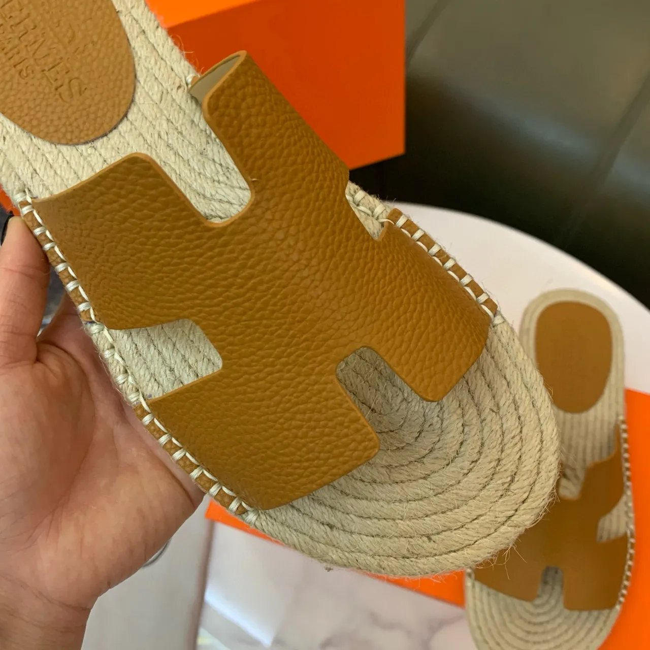 Hermès Oran Tan Leather H-Strap Espadrille Slippers 7