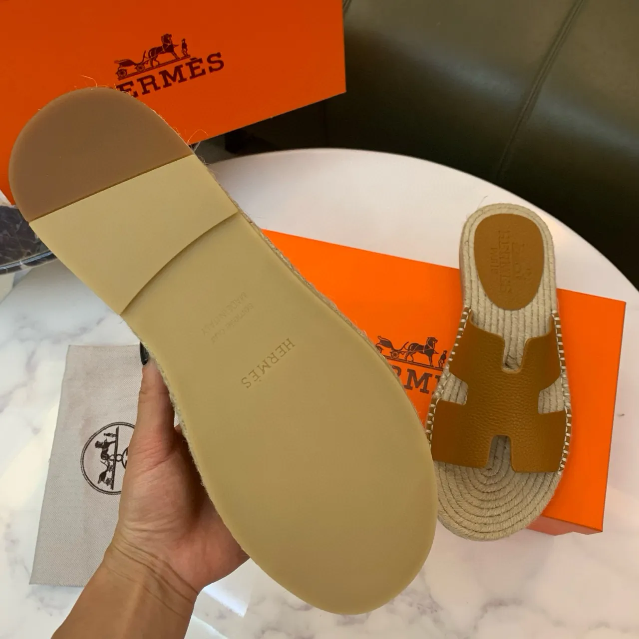 Hermès Oran Tan Leather H-Strap Espadrille Slippers 8