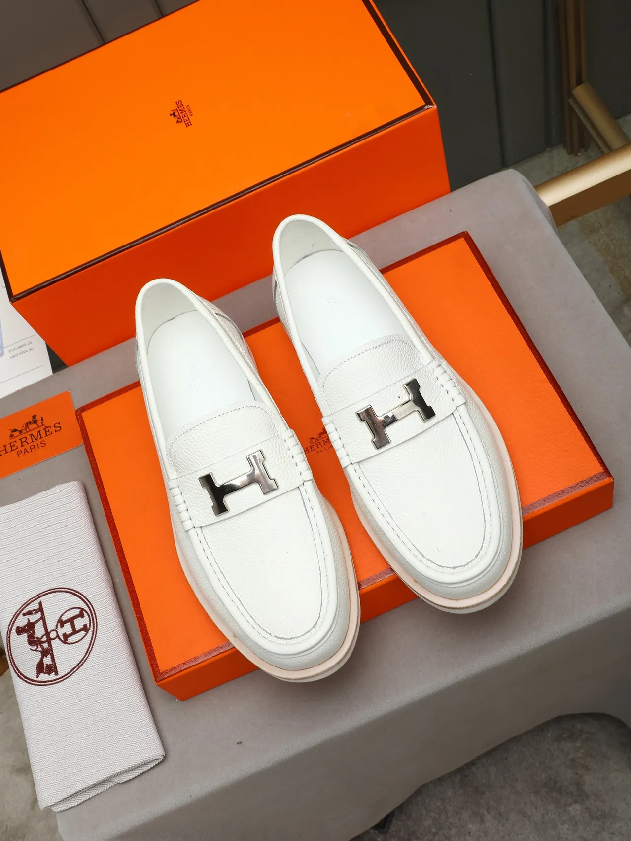 Hermès Oran White Pebbled Leather H-Buckle Loafer 3