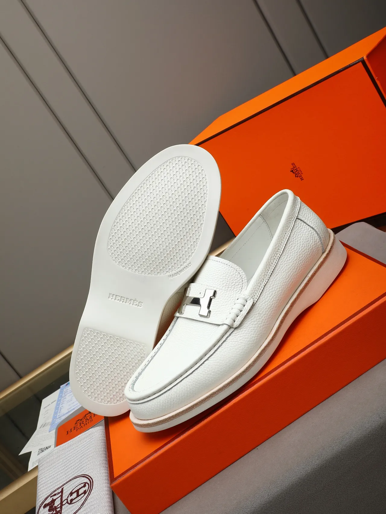 Hermès Oran White Pebbled Leather H-Buckle Loafer 4