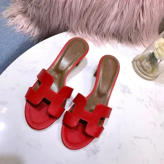Hermès Red Brown H-Strap Leather Slippers