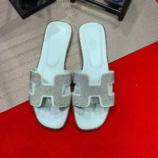 Hermès Silver Beige H-Shaped Glitter Strap Flat Slide Silhouette Slippers