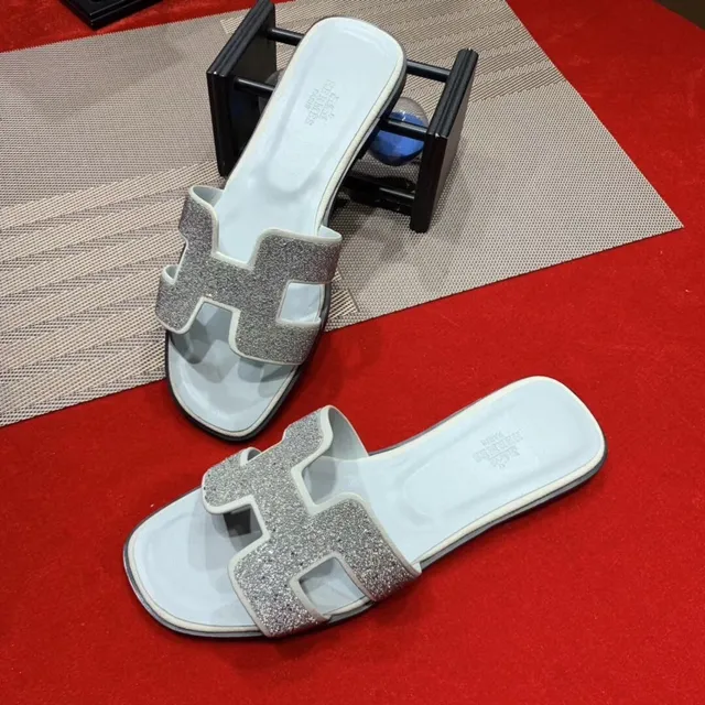 Hermès Silver Beige H-Shaped Glitter Strap Flat Slide Silhouette Slippers 2