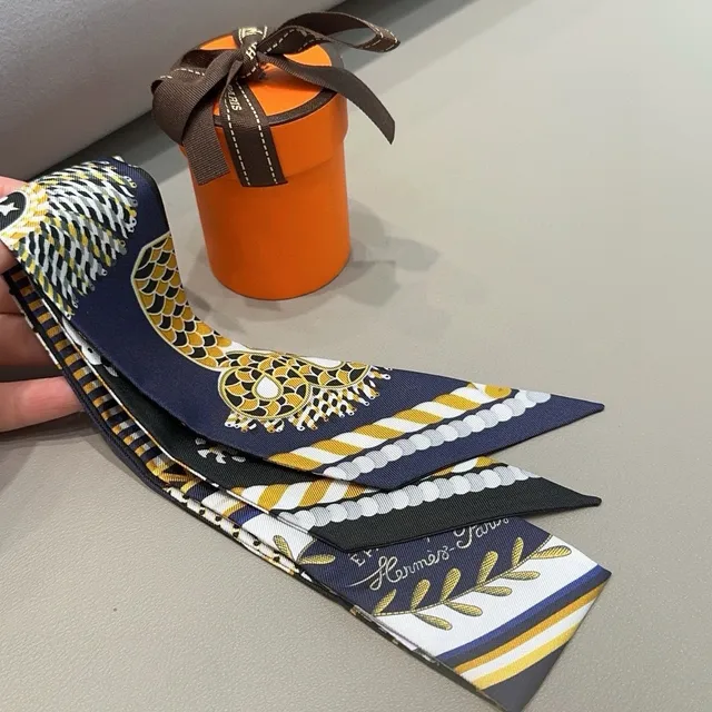 Hermès Twilly Navy Yellow White Black Silk Scarf 4