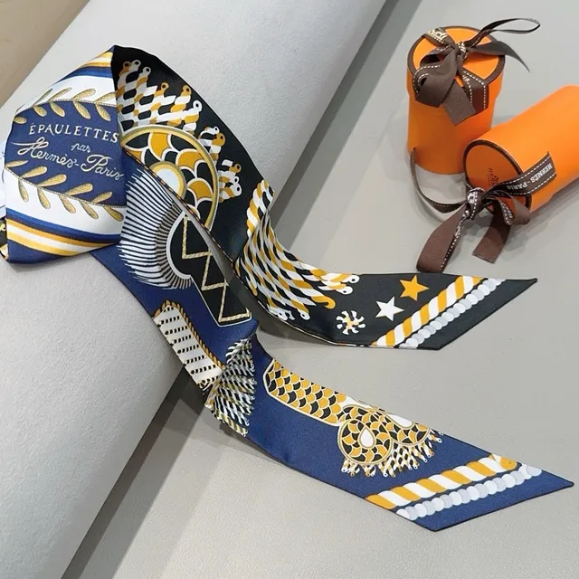 Hermès Twilly Navy Yellow White Black Silk Scarf 5