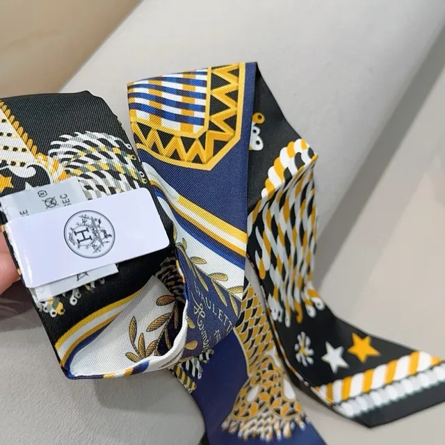 Hermès Twilly Navy Yellow White Black Silk Scarf 6