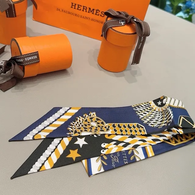 Hermès Twilly Navy Yellow White Black Silk Scarf 7