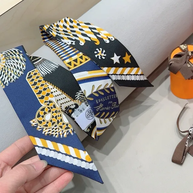 Hermès Twilly Navy Yellow White Black Silk Scarf 8