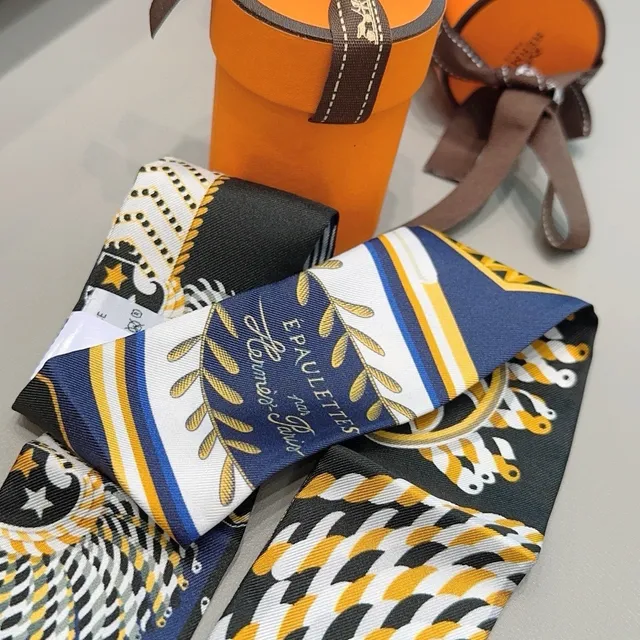 Hermès Twilly Navy Yellow White Black Silk Scarf 9