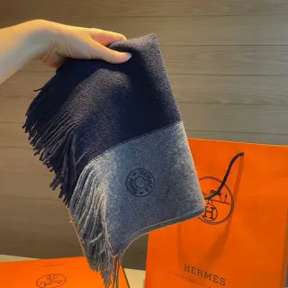 Hermès Two-Tone Navy and Gray Fringed Cashmere Scarf